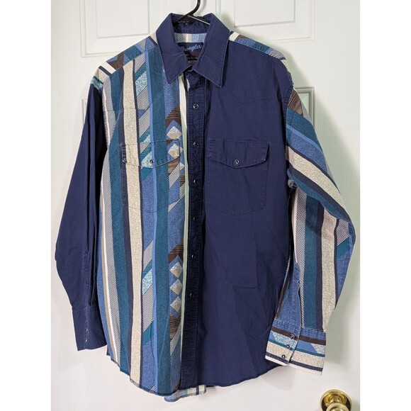 Wrangler Other - VTG Wrangler Shirt Mens XL 17x35 Navy Southwestern Pearl Snap Western Cowboy 90s
